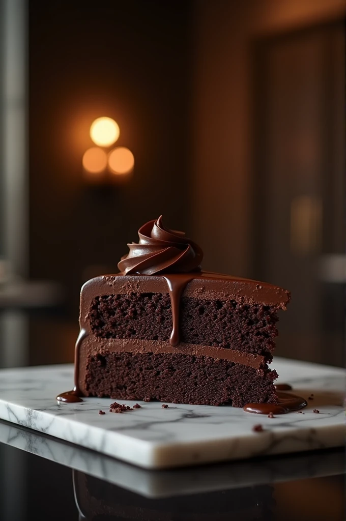 Chocolate cinematic movie scene, bolo de chocolate, darkness background, quality photo, Wet texture, penthouse, studio photo, slice. shallow depth of field, vignettes, highly detailed, high budget, bokeh, cinemascope, temperamental, epic, comely, film grain, grainy.