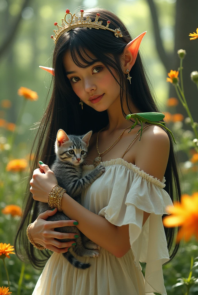 young woman, with black hair, long, straight and with bangs, with a white bohemian dress with bare shoulders, elf ears and tiara and golden bracelets, with her nails painted green and a ring with the witch's knot symbol on her index finger, standing in a forest with flowers while beautiful rays of sunlight enter and illuminate her hair, petting a thin gray kitten with black stripes and a green praying mantis perched on his shoulder