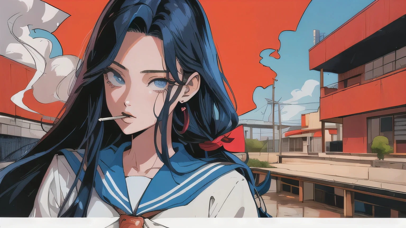 (masterpiece, Highest quality), 80s anime style, long hair girl, Sailor suit, Tsuppari, Delinquent girl, Smoking a cigarette, bad