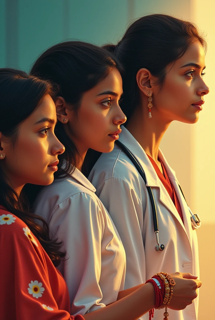 A poster should feature a lady doctor on the right side, representing the Kolkata case, wearing a white coat with a slight bloodstain to symbolize her struggle. In the middle, a brother is shown making a promise to protect his sister, symbolizing safety and care. On the left side, a sister is tying a Rakhi on her brother’s wrist, representing the bond of Raksha Bandhan. The scenes should be connected by a Rakhi thread, highlighting the themes of protection, sacrifice, and care.