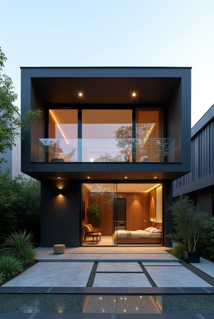 Modern house facade with 3 meter wide and 2 meter high glass door, and bedroom glass window, Simple house front facade, Square house facade, front part of the square house with glass door 