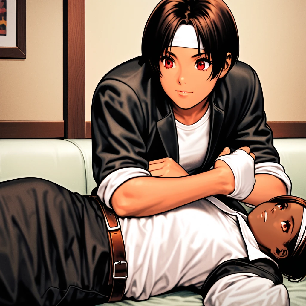 single, woman, Shortcuts, Black Hair, Dark Skin, Red eyes, ((Black jacket with rolled up sleeves)), Fingerless gloves, White T-shirt, (White headband on forehead), Black trousers, White shoes, Tea belt, cute, Indoor-oriented, Charm, Highest quality, neat face, neat eyes, She is sitting on a black sofa and smoking a cigarette, Looking at smartphone, Lying down, Beautiful Japan, She is surprised to see the front of the room. Her eyes are wide open, Her gaze is slightly downwards, Her mouth is half open,