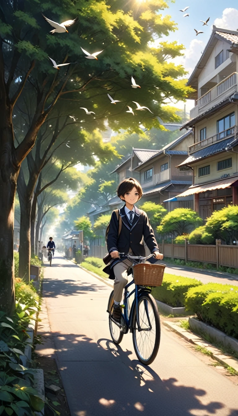 A handsome boy rides a bicycle on his way home from school。Pass by the township market.He is wearing a neat school uniform,The handsome face bathed in the warm afternoon sun.。The surrounding residential environment is also clearly visible,Fences and spindle trees create a tranquil atmosphere。The birds flying in the distance add to the vitality。The whole photo has a super-realistic quality,Sharp details,Elegant depth of field,Perfectly capturing the tranquility and movement of this moment。This photo is a masterpiece。