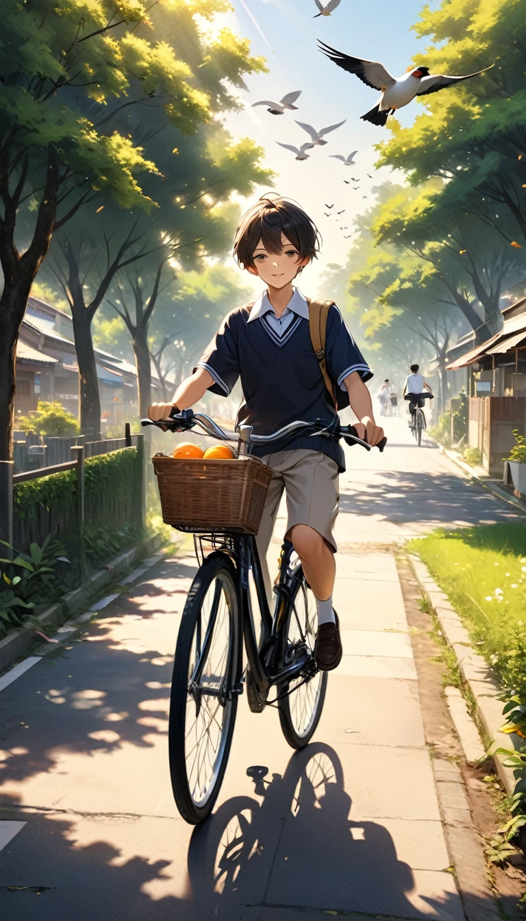 A handsome boy rides a bicycle on his way home from school。Pass by the township market.He is wearing a neat school uniform,The handsome face bathed in the warm afternoon sun.。The surrounding residential environment is also clearly visible,Fences and spindle trees create a tranquil atmosphere。The birds flying in the distance add to the vitality。The whole photo has a super-realistic quality,Sharp details,Elegant depth of field,Perfectly capturing the tranquility and movement of this moment。This photo is a masterpiece。