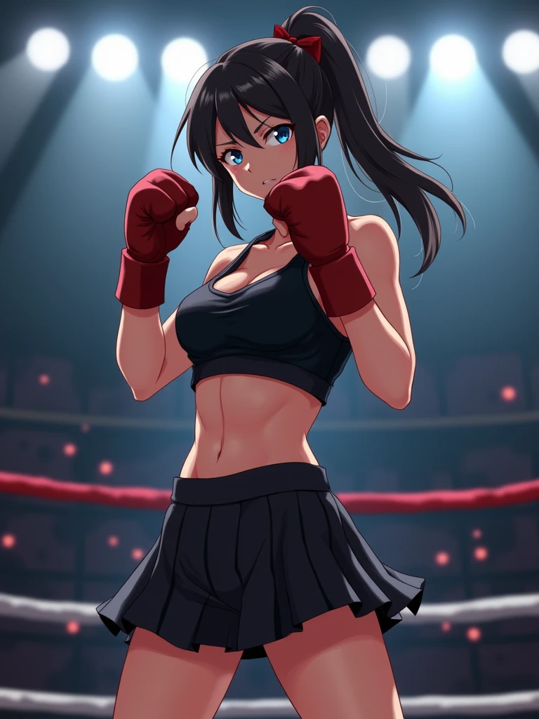a close up of a person in a short skirt and a black top, fight pose, fighter pose, fighting pose, boxing stance, fighting stance, attack pose, mma southpaw stance, combat pose, in fighter poses, combat stance, anime pose, running pose, fighting game character, posing for a fight intricate, tifa, full body with dynamic pose