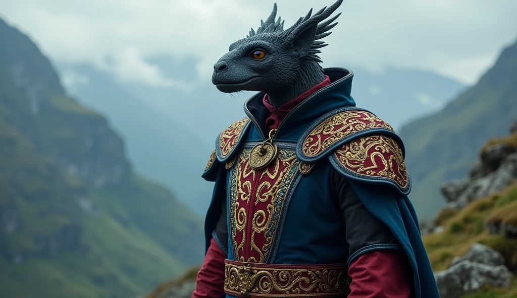Liechtenstein as an european League of Legend creature in dark blue, red and gold colors. Intricated clothing. Cinematic Fantasy sci-fi landscape background