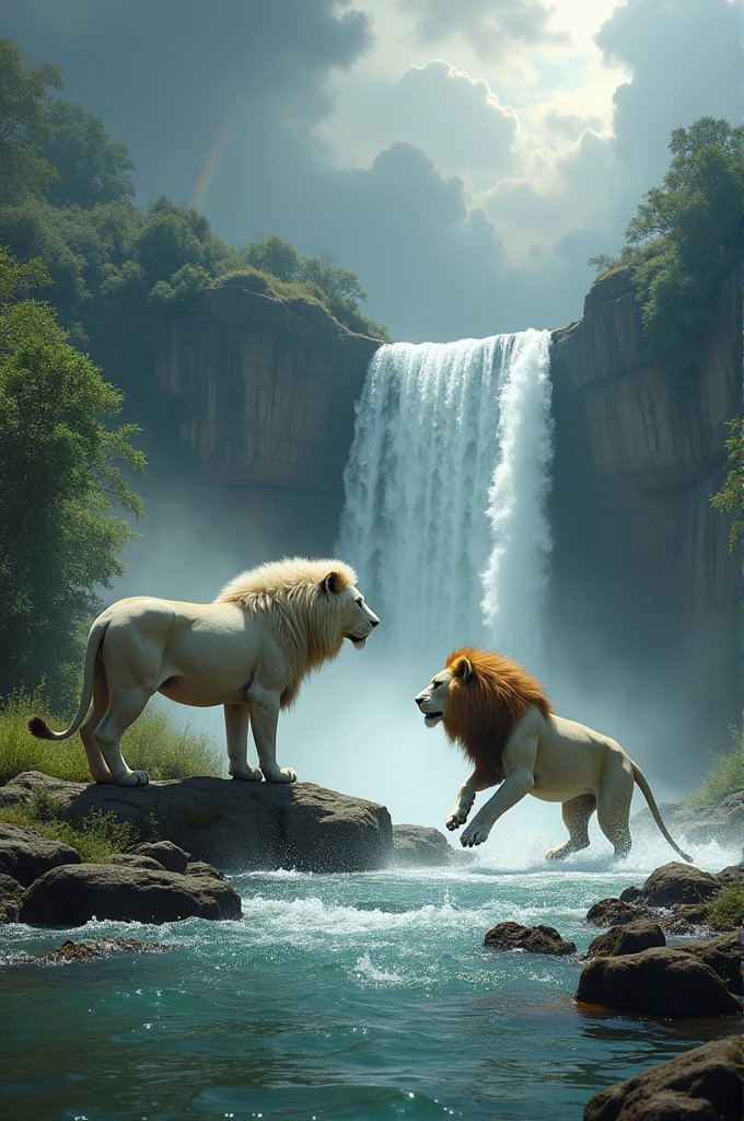 A dramatic riverbank with a waterfall in the background.Two a giant white lions, one standing upright like a warrior, the other jumling and running into the water.Intense and epic, with a sense of impending battle.