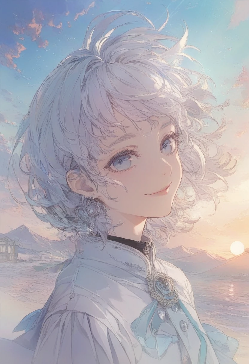 Masterpiece, best quality, very aesthetic, 1girl, smile, white hair, blue eyes, anime illustration, pastel colors, detailed, portrait, scenery, sun, ratatatat74