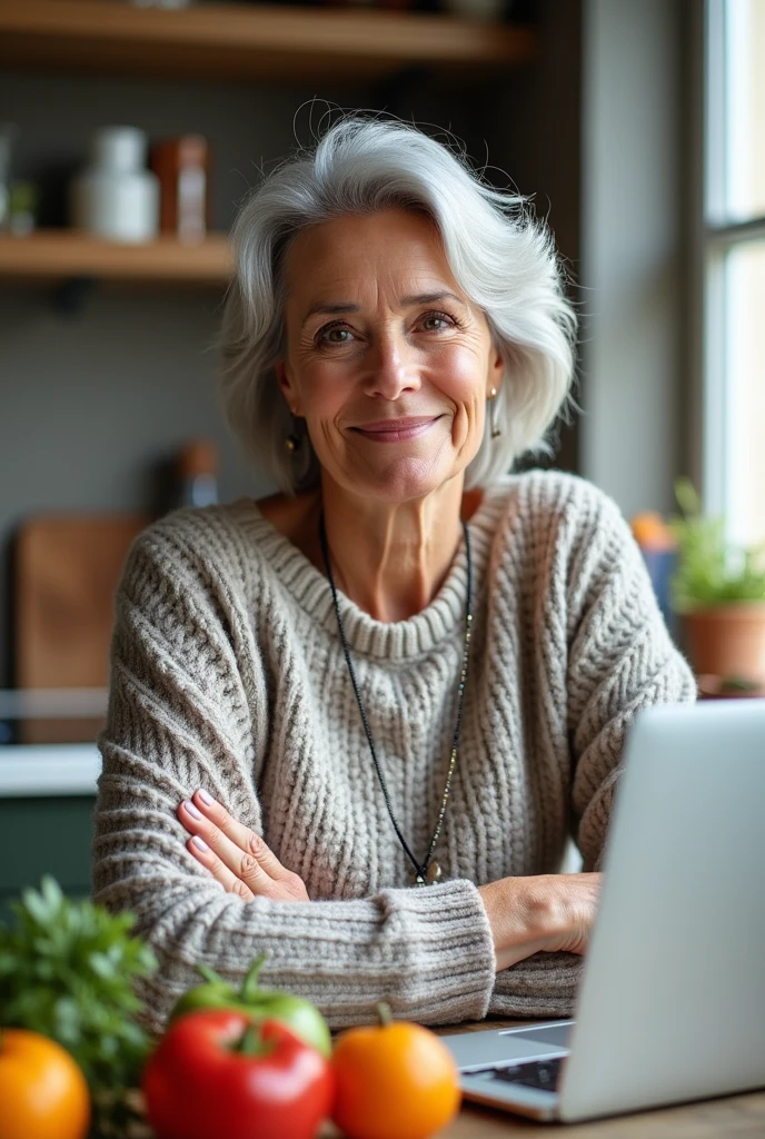 Crée une photo d'une femme nommée Odile Roux, rédactrice spécialisée en nutrition. Elle est dans la soixantaine, avec des cheveux gris élégamment coiffés, portant une tenue professionnelle mais chaleureuse, comme une blouse ou un pull en tricot. Odile est dans une cuisine avec des livres de nutrition et un ordinateur portable devant elle, dans un environnement lumineux et accueillant. Elle affiche un sourire bienveillant, reflétant son expertise et sa passion pour la nutrition. odile est legerement en surpoid