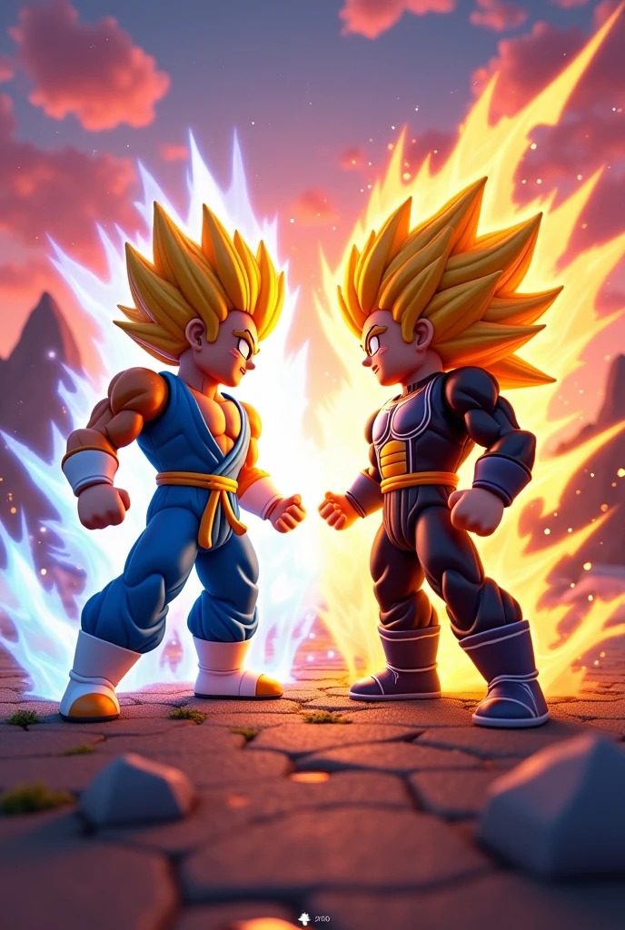 Generate a Roblox-style Gogeta clashing powers against a Veguito