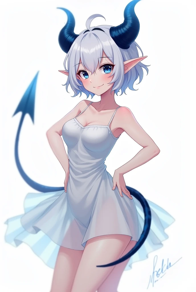 score_9, score_8_up, score_7_up,((best quality)), absurdnes, ((best quality)), CoquelinePXL, 1 femboy, feminine male, adult, 20 years old, black pupil, glowing blue iris, black sclera, blue skin, short peekaboo style hair((white outside, black inside)), pointy elf ears, bluish-black short demon horns, azure blue demon tail, short white dress, empire waist dress, mini skirt, translucent skirt, sleeveless, turtle neck, solid white background, solo, hand on waist, looking at viewer, big ass, flat chest, anime inspired art, nsfw, seductive smile