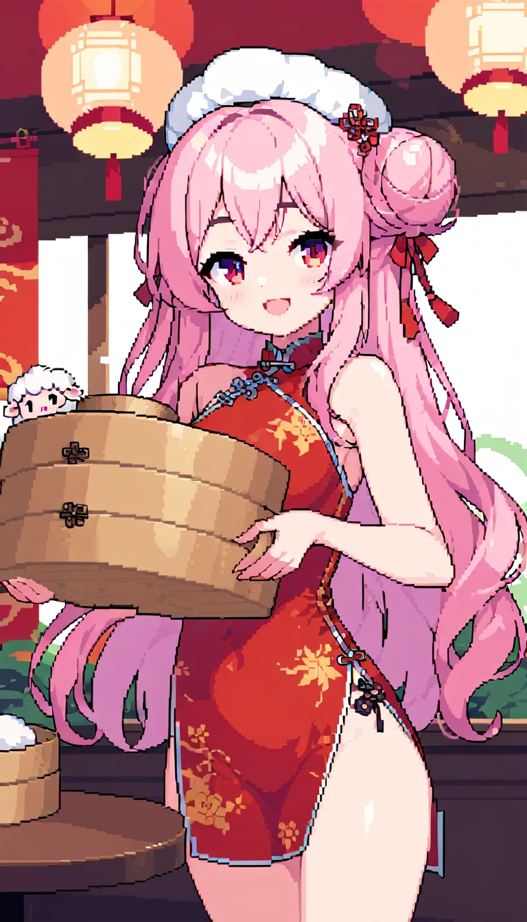 masterpiece, Highest quality, 8k, Pixel art, Pixel art, Vivid, ((1girl)), young woman, smile, cute, Turning at an angle, Open your mouth, Fluffy hair, Long Hair, Hair like sheep's hair, Pink Hair, eyebrow, 太いeyebrow, China dress, Chignon Cap, (Highest quality:1.0), (China Hotel), Holding a bamboo steamer in both hands, It contains meat buns, Circular red rotating table