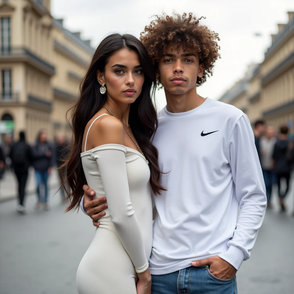 Un couple. La fille a les cheveux longs et très lisse cheveux noirs au yeux verts, she is wearing a long white tight-fitting dress, elle a des créoles comme boucles oreille, she is heavily made up. The boy has brown curly hair, il a les yeux marrons il porte un haut nike blanc et un jean bleu. Sur la photo il se font un bisou sur la bouche et le fond c’est paris