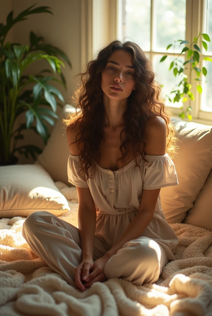 (photorealism:1.2), beautiful woman, sitting on bed, wearing loose off-shoulder top, pajama pants, long curly hair, indoors, soft lighting, plants in background, window with sunlight, cozy room, relaxed pose, realistic, intricate details, warm colors, by Greg Rutkowski, by Alphonse Mucha