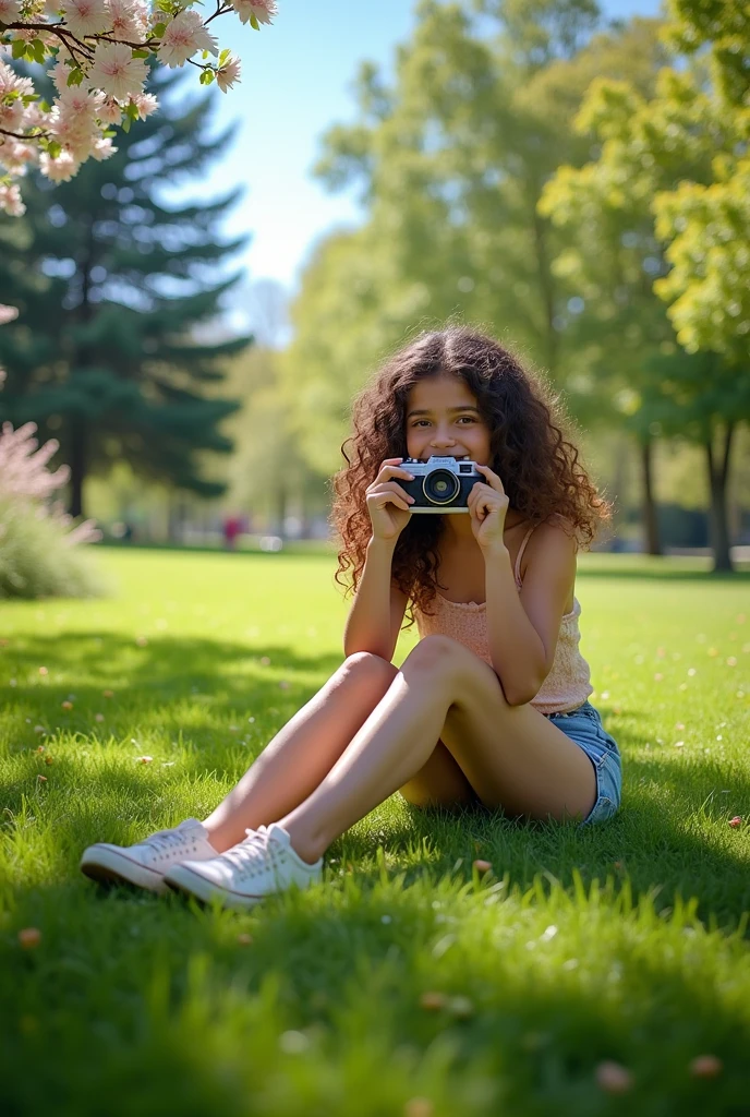A brunette girl with curly hair and big breasts sits with her legs stretched out, taking a realistic photo