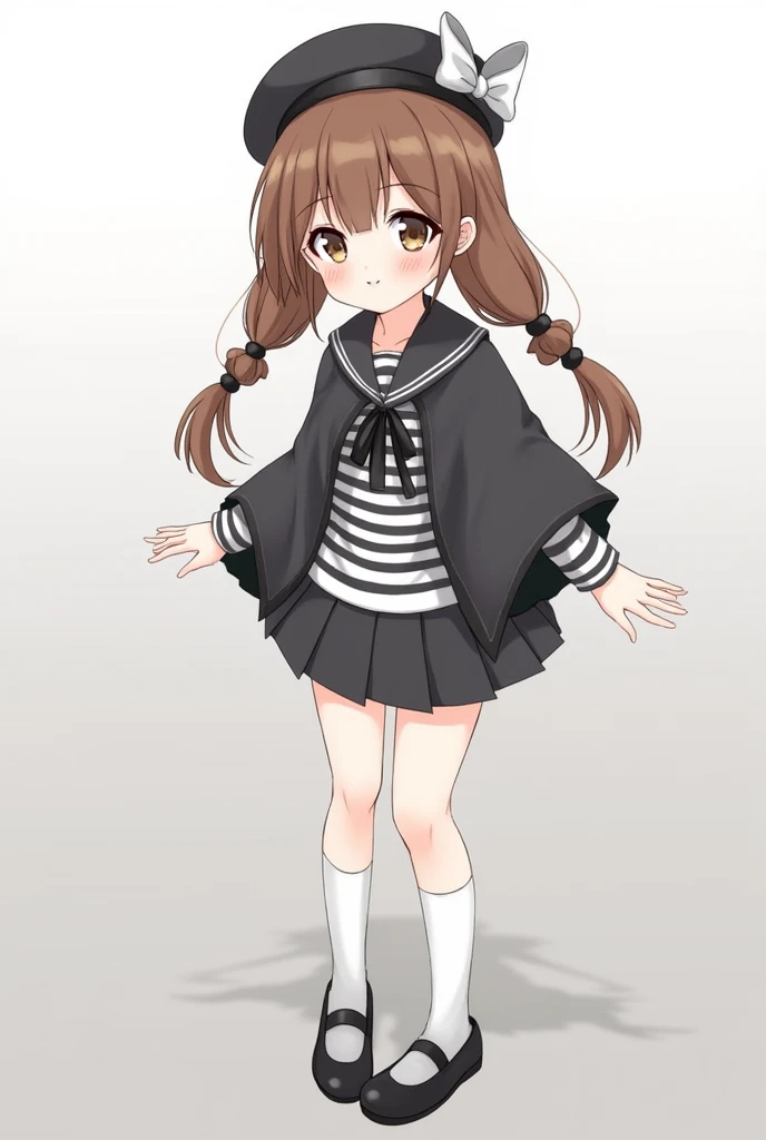 white skin anime girl, Long brown hair with two low pigtails, black glasses, Black beret with a gray bow, black and white poncho, black and white striped shirt with horizontal stripes, black and white skirt, White socks, black school shoes, brown eyes on a white background with gray