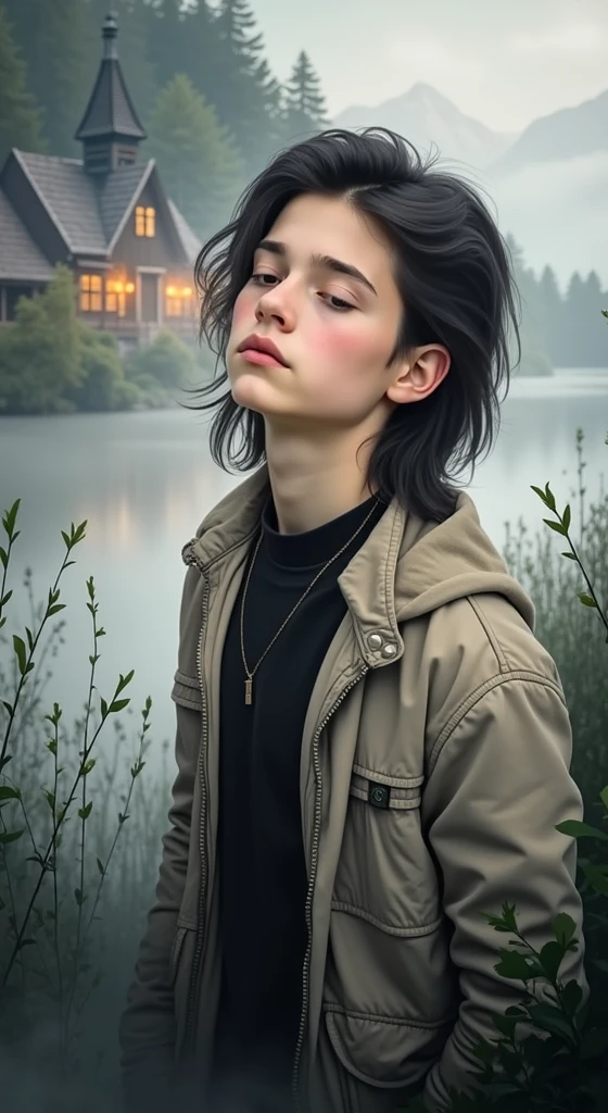 plano general, whole body, (Handsome young attractive teenager emerging from a thick fog:1.3, long black hair) a town on the shores of the lake, a white birch forest and an apple orchard, a starry night, ((Matias_adolsson style!)), gloomy and foggy atmosphere, Surrealism, The absurdity of tenderness, Attraction and rejection of extraordinary appearance, naive magic art, primitivism, protogeno, , ((Best Quality, masterpiece)), ((more detail)), impression:1,1, 8k