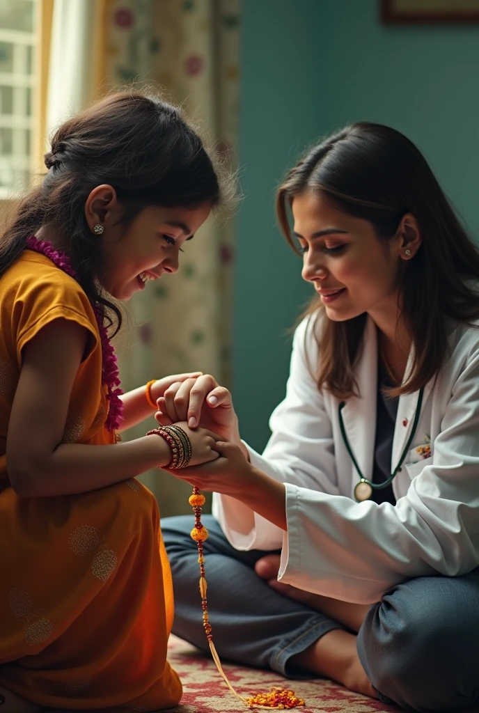 Right Side: A lady doctor from the Kolkata case, in a white coat with a hint of blood, symbolizing her struggle and sacrifice.Middle: A brother making a promise to protect his sister, symbolizing safety and care.Left Side: A sister tying a Rakhi on her brother’s wrist, representing the bond of Raksha Bandhan.Connecting Element: The imagery should be connected by a Rakhi thread, symbolizing the protective bond, with a tagline emphasizing care, protection, and sacrifice.