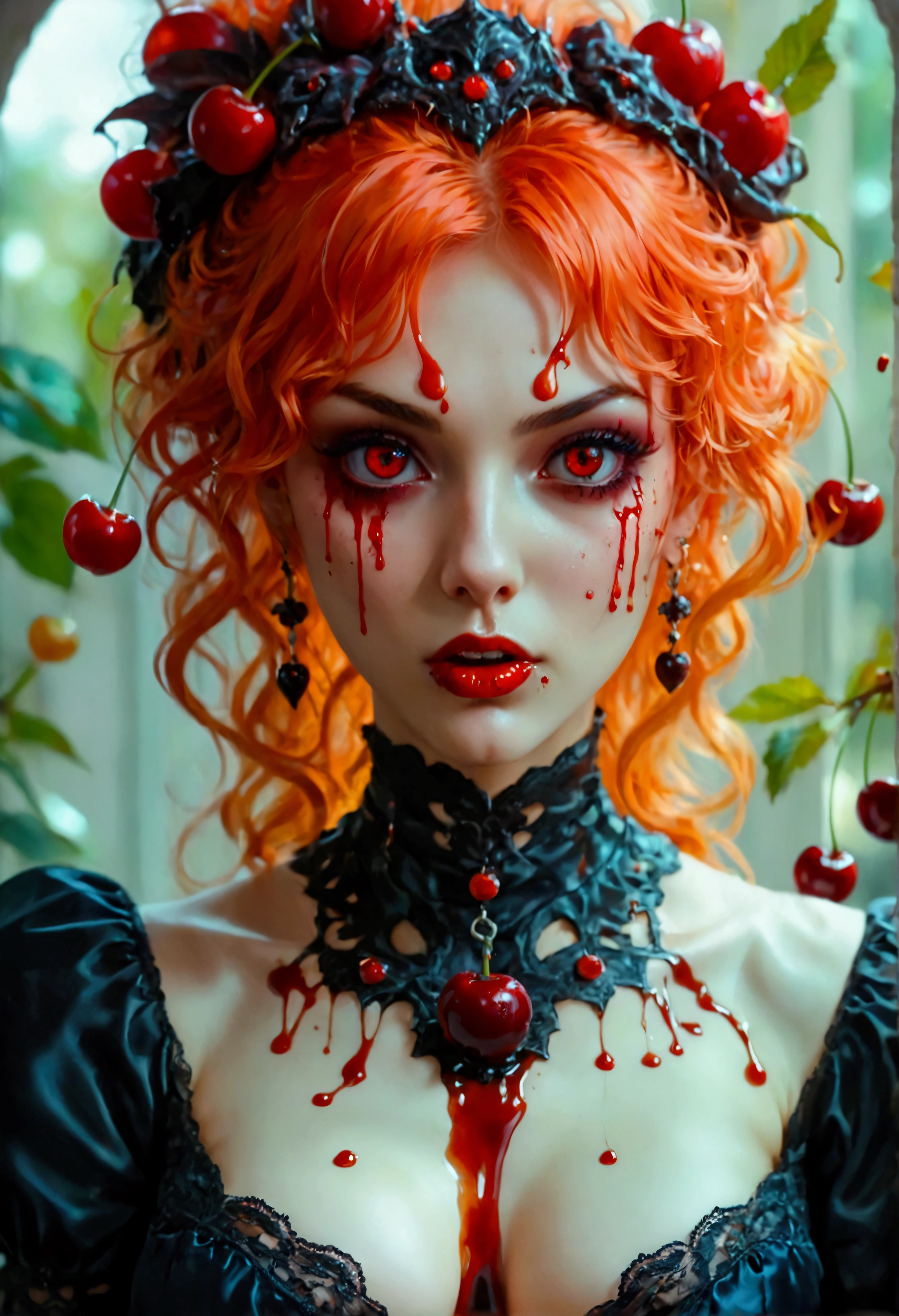 a portrait of a female vampire eating a (bloody cherry: 1.3), an exotic exquisite beautiful female vampire, dynamic hair color, wavy hair, dynamic eyes color, (glowing eyes: 1.1), intense eyes, wearing glamour silk dress, intricate detailed dress, dynamic color dress, dynamic style dress, (eating a large cherry soaked with blood: 1.3), blood dripping from the cheery, whipped cream, dark fantasy pastry shop background,