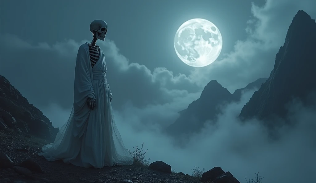 "A skeleton with no head or neck, wearing a tattered white kimono, standing in a dark, misty mountain at night. The skeleton is positioned on the left side of the image."
