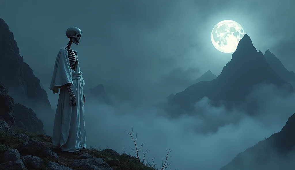 "A skeleton with no head or neck, wearing a tattered white kimono, standing in a dark, misty mountain at night. The skeleton is positioned on the left side of the image."
