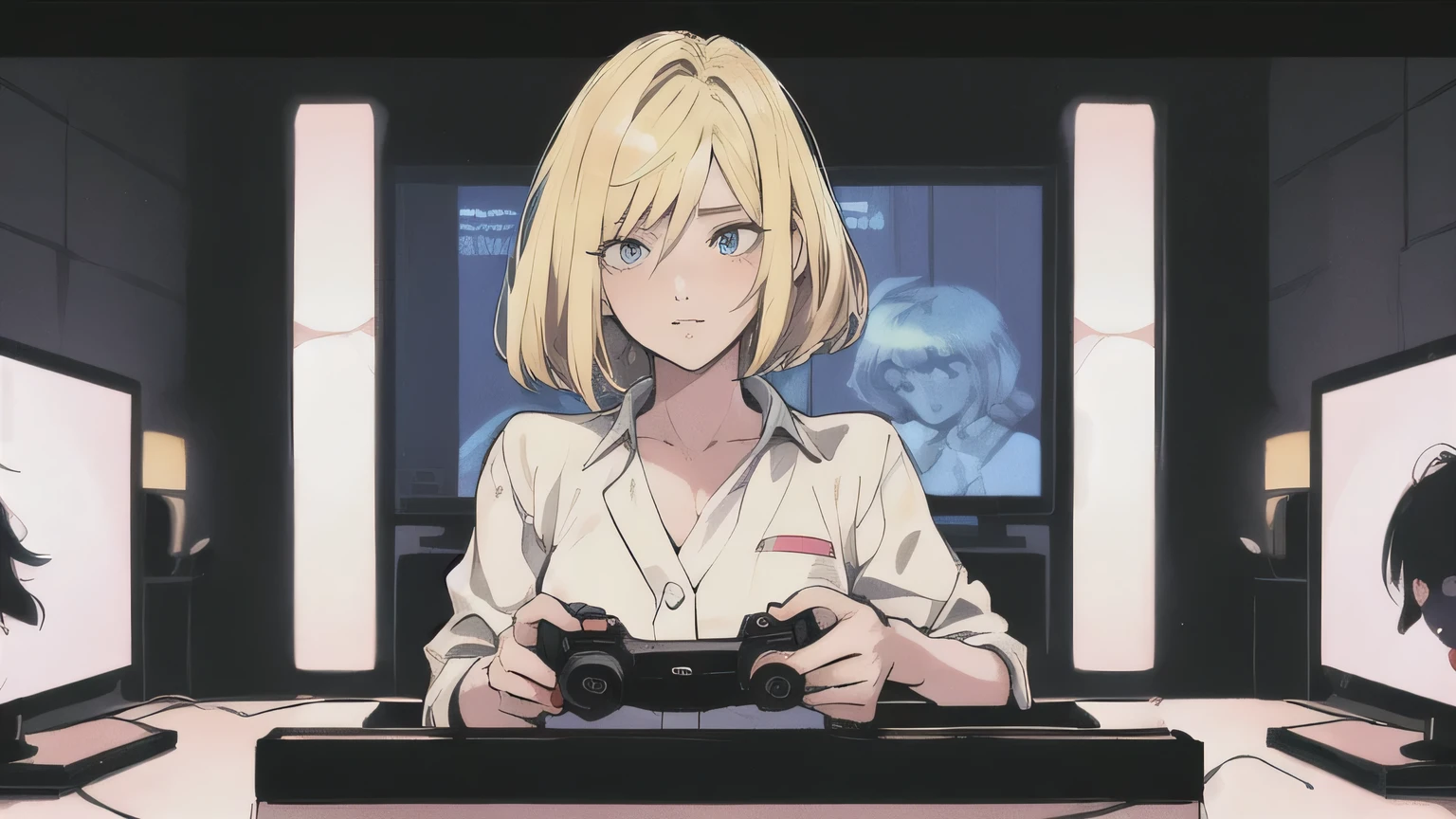 (masterpiece, Highest quality), 80s anime style, Blonde girl with short bob, Playing video games in a dark room, High contrast