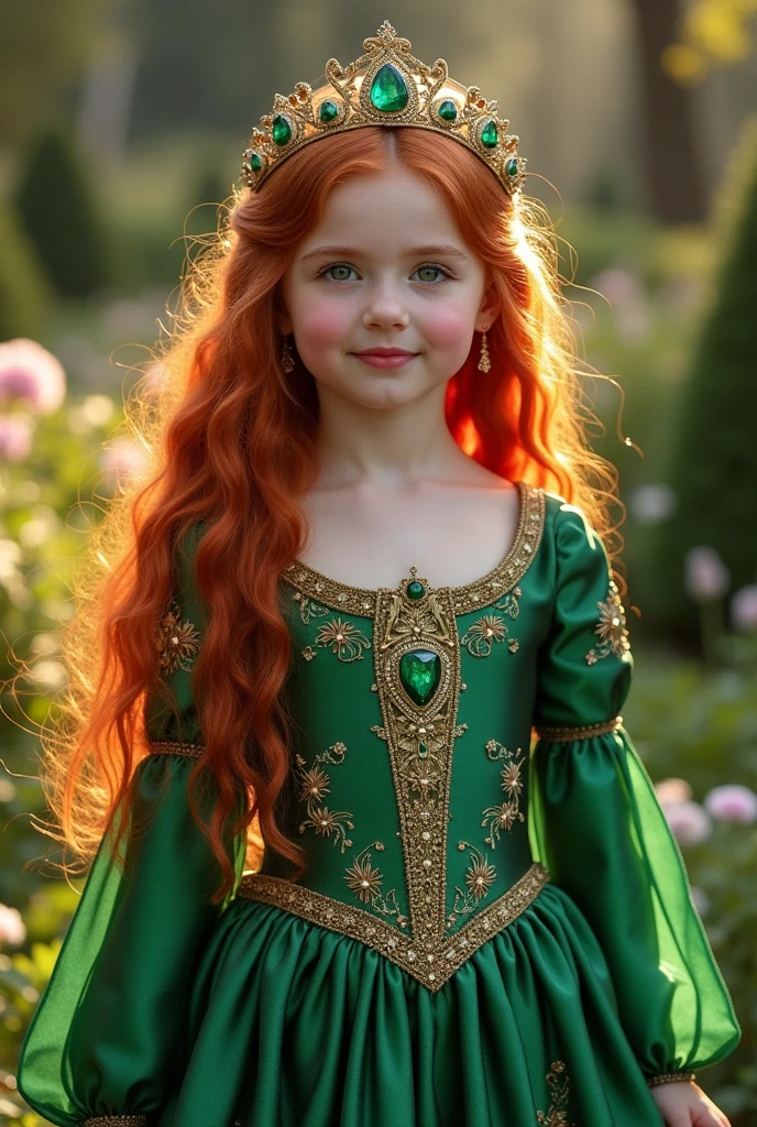 8 year old girl with long red hair reaching below her shoulders, with green eyes and reddish eyelashes. Pastel pink painted lips. Wearing a medieval princess dress of emerald green with floral designs and a golden tiara with green diamonds 