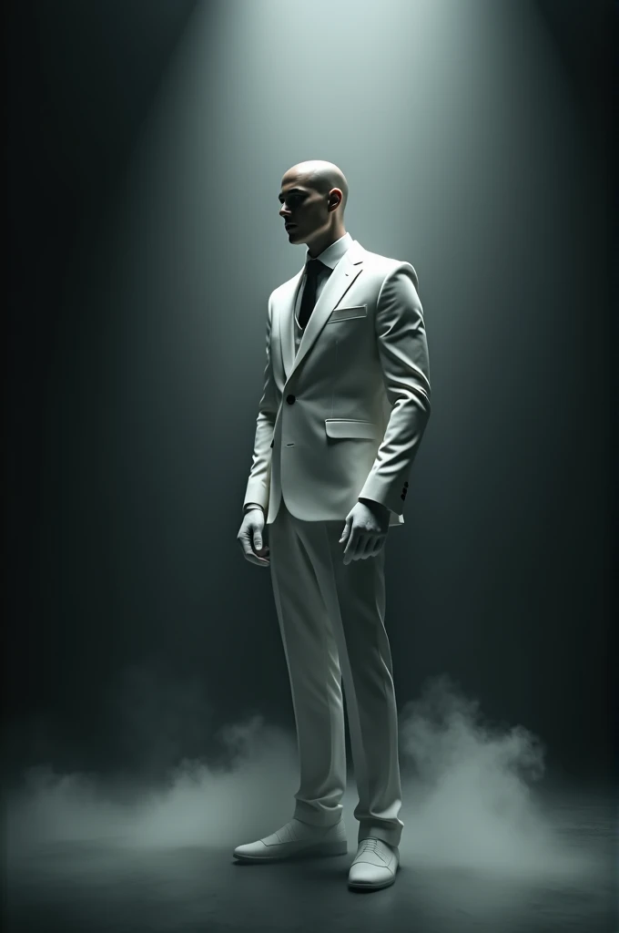 a large, slender man, all white, with a white suit and white gloves, in a dark room