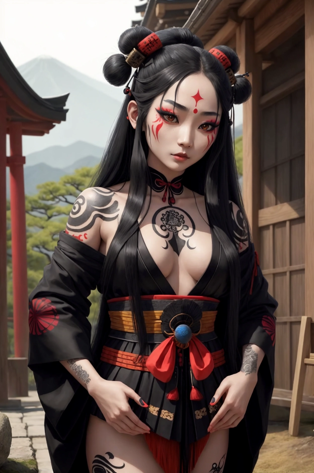 (photorealism:1.2), japanese shamaness young beautiful cute woman black long hair ritual make up, traditional garments, outside nature tattoos historical Japan