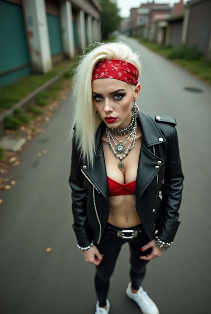 russian  woman, biker gang member, platinum blonde hair (straight, middle part) with red parsley bandana headband, with very light blue eyes, extremely pale, heavy eye shadows (panda eyes) Sad face, smeared make up, runny mascara. Wearing black moto jacket, red bra, black leggings and white tennis sneakers . Lots of metallic bracelets and lots of white pearl collars. Tacky leather belt with oversized, excessive silver buckle. Hands in pockets Wide loop earrings. Hands in pockets