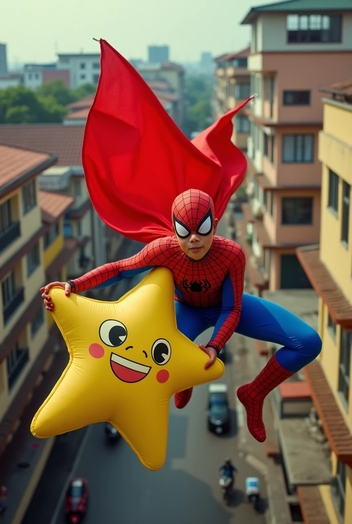 real photo. young Indonesian man wearing a spiderman costume. swinging above the building with a net while holding a big yellow smiling star doll. 70s atmosphere. real life Ultra-realistic 8K photograph, shot with a Leica Q2, strong color contrast and sharp clarity --ar 1:1 --quality 2 --