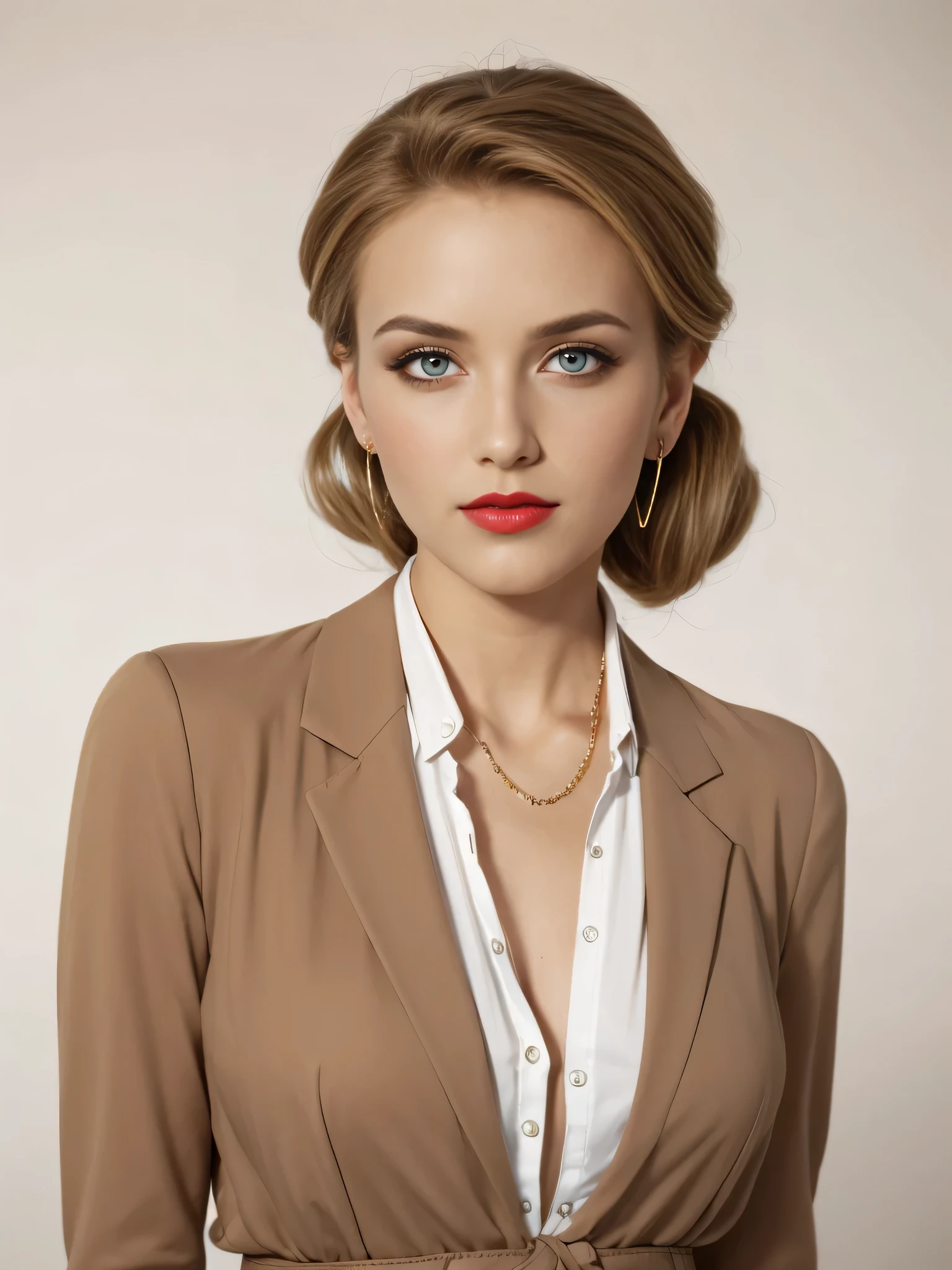 Eva Braun, beautiful young girl in the style of the 40s, sexy girl, 25 years old, hairstyle Eva Braun, hair color Eva Braun, beautiful face Eva Braun, large expressive blue eyes Eva Braun, eyebrows Eva Braun, long black thick eyelashes, straight Eva Braun's chiseled nose, full, juicy lips, Eva Braun's fair skin, bright makeup from the 40s, scarlet lipstick on the lips, slender beautiful figure, Eva Braun beautiful breasts Eva Braun, thin waist, long slender legs Eva Braun, black high-top shoes heels, high heels, women's brown jacket of the 40s, brown straight skirt of the 40s, large earrings, huge earrings, beautiful symmetrical fingers, red manicure, look at the viewer, full-length photograph, Realism, UHD, retina, masterpiece, accurate, anatomically correct, textured skin, super detail, high details, high quality, award winning, best quality, highres, 1080P