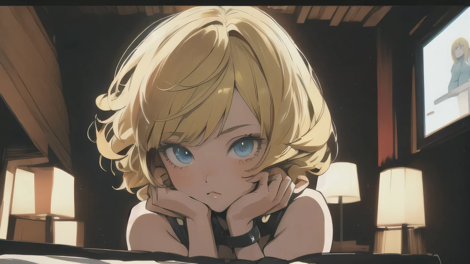 (masterpiece, Highest quality), 80s anime style, Blonde girl with short bob, Watching TV in a dark room, High contrast
