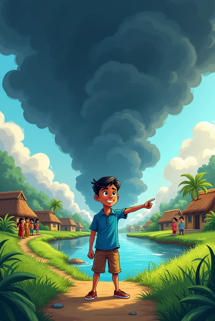 During this crisis, Raju maintained his sense and moral compass. He obediently obeyed his parents' instructions and played a courageous and fearless role to protect the villagers from the flood. cartoon image