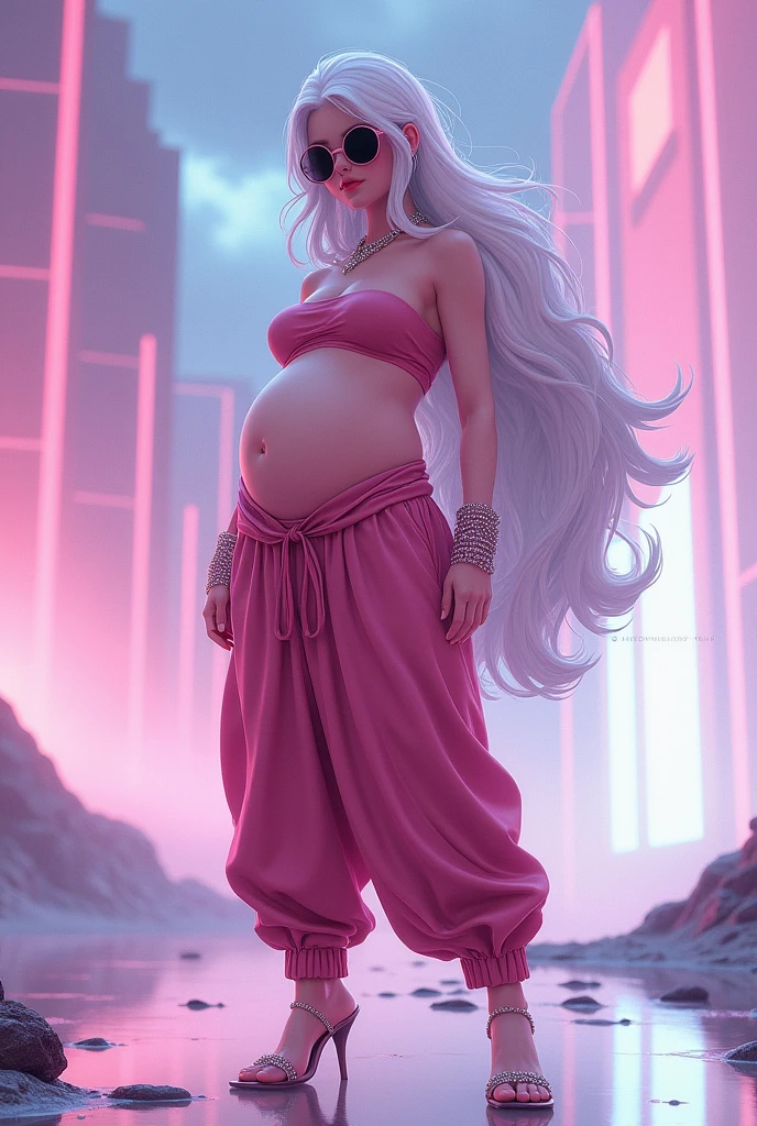 Android 21 from dragonball, black sclera, pink skin, tube top, bracelet, harem pants, high heels, tail, white hair, pregnant, big belly, thick thights, alone,