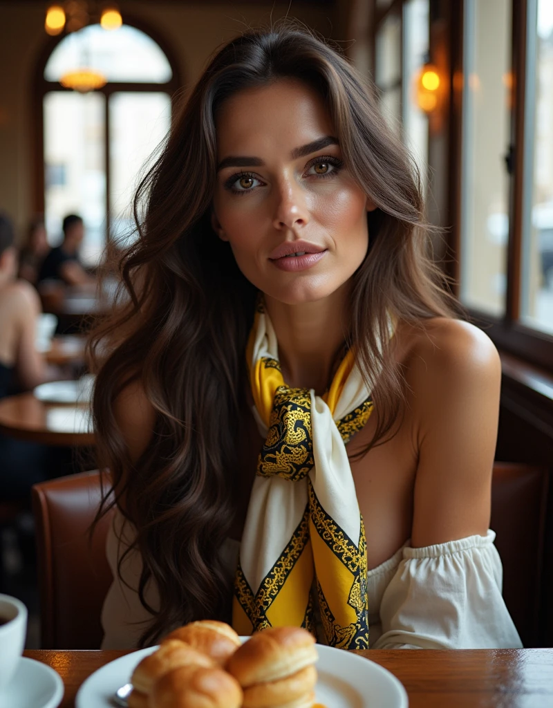 (photorealism:1.2), very pretty, sexy and stylish 46-years-old smiling lady in shiny blouse with long brown hair, brown eyes, smokey-eyes-make-up, wearing a very expensive elegant shiny white yellow black square pure satin silk scarf form Versace, sitting in a typical coffeehouse in Vienna.