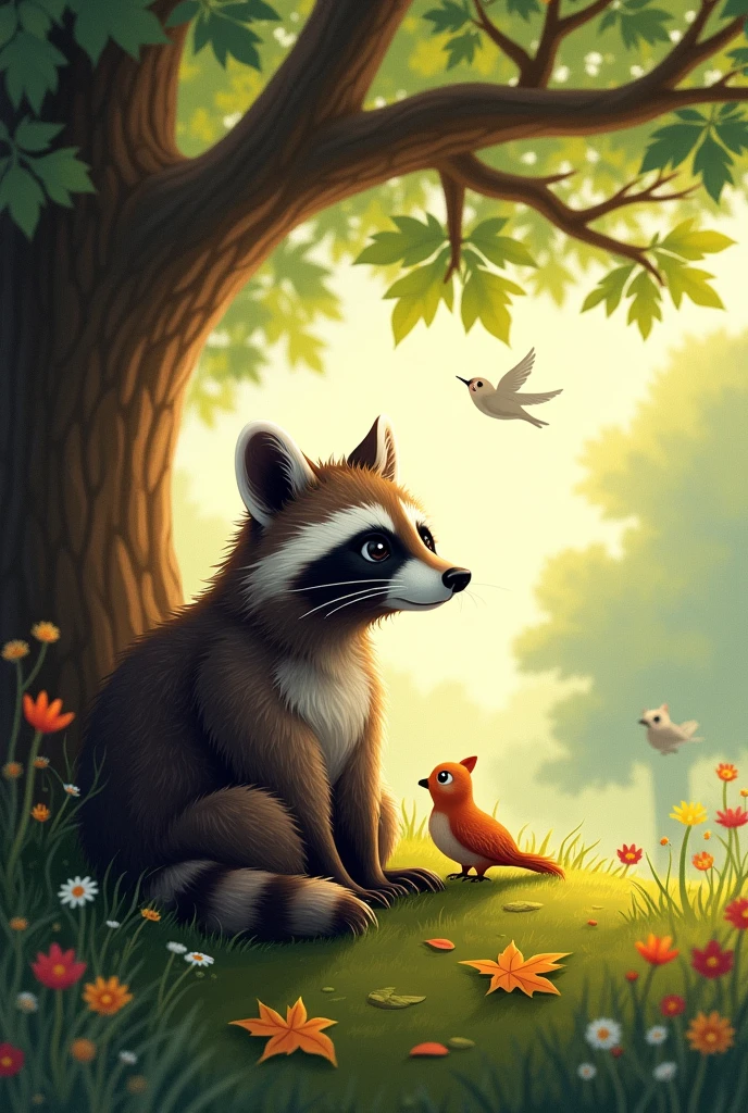 Help me by creating a coloring image about this text:
After reflecting on his situation, the raccoon came to think that the best thing for him would be to hide in the woods and live away from others forever. But that attitude didn't last long, almost the same time it took for his wounds to heal and the pain to recede from his furry body.