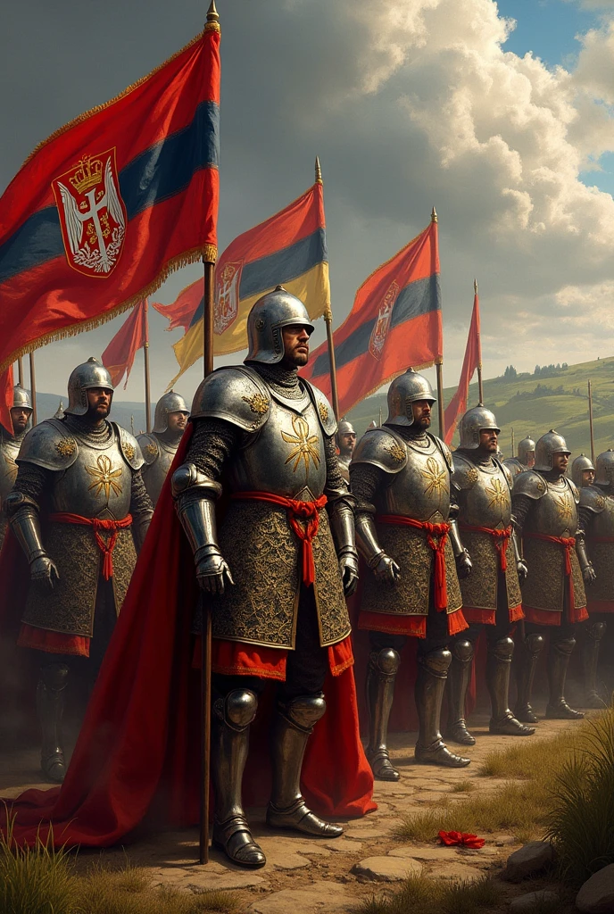 Army in mighty armor of the Serbian Emperor Dushan Mighty with serbian flag