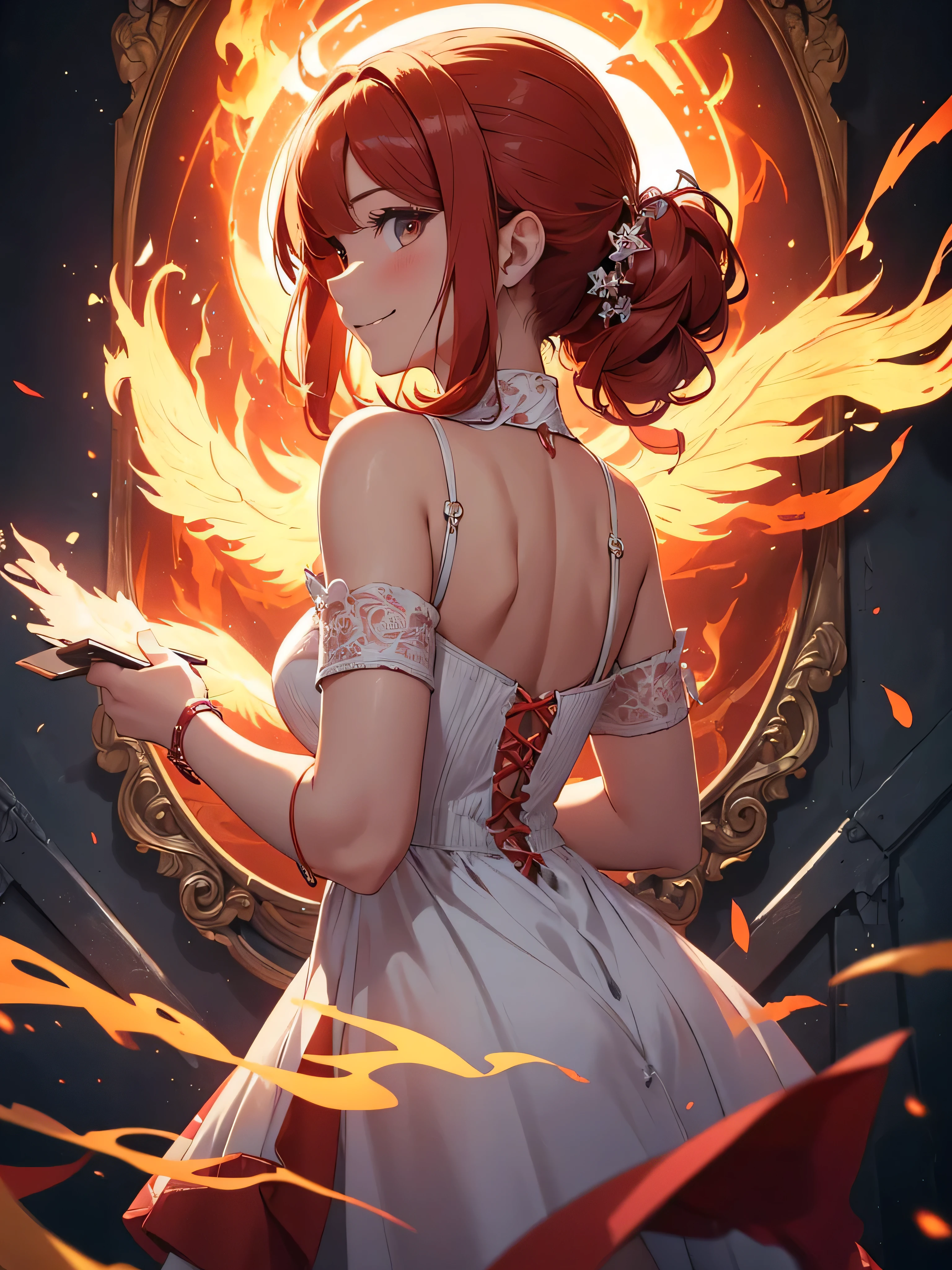 (((best quality, sharp image, clear image, cinematic lighting, 8k resolution, masterpiece, ultra detailed, intricate))) Girl, (((looking over left shoulder))), (shot from behind), ((shot from hip up)), fiery red hair, pigtails, ((white dress)), ((flaming sigils, flaming runes)), spiky rock formations, (flaming lotus flowers frame), (intricate background), ((Phoenix)), (swirling flames), smiling