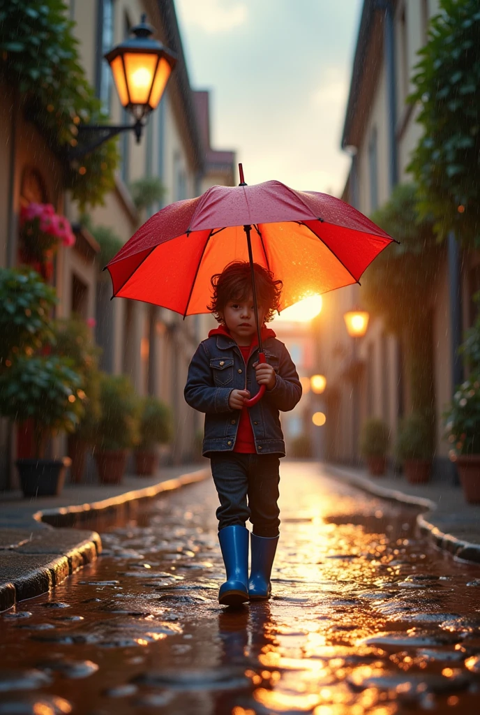 Rainy evening sunlight boy walking with umbrella