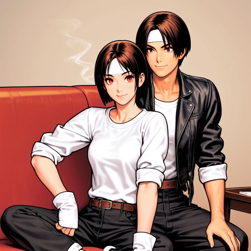 Single,Female,Short-cut,Dark hair,Sallow skin,Red eyes,Slightly large breasts,((black jacket with rolled up arms)),fingerless gloves, white T-shirt,(white headband on forehead)),black long pants, white shoes, brown belt, cute, indoor-oriented, charming, top quality, neat face, neat eyes, Black Sitting on sofa, relaxed, exhaling cigarette smoke, cigarette in right hand, beautiful Japanese girl, smiling. Her eyes are wide open, her gaze is slightly downward, and her mouth is half open,