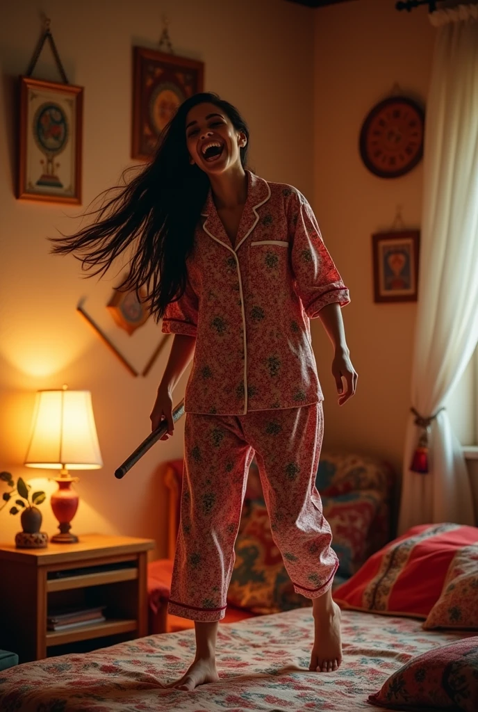 Girl with pyjamas and girl is from arabian and she is jumping on the stick she is 25 years old and she is sexy she is in the bedroom 
