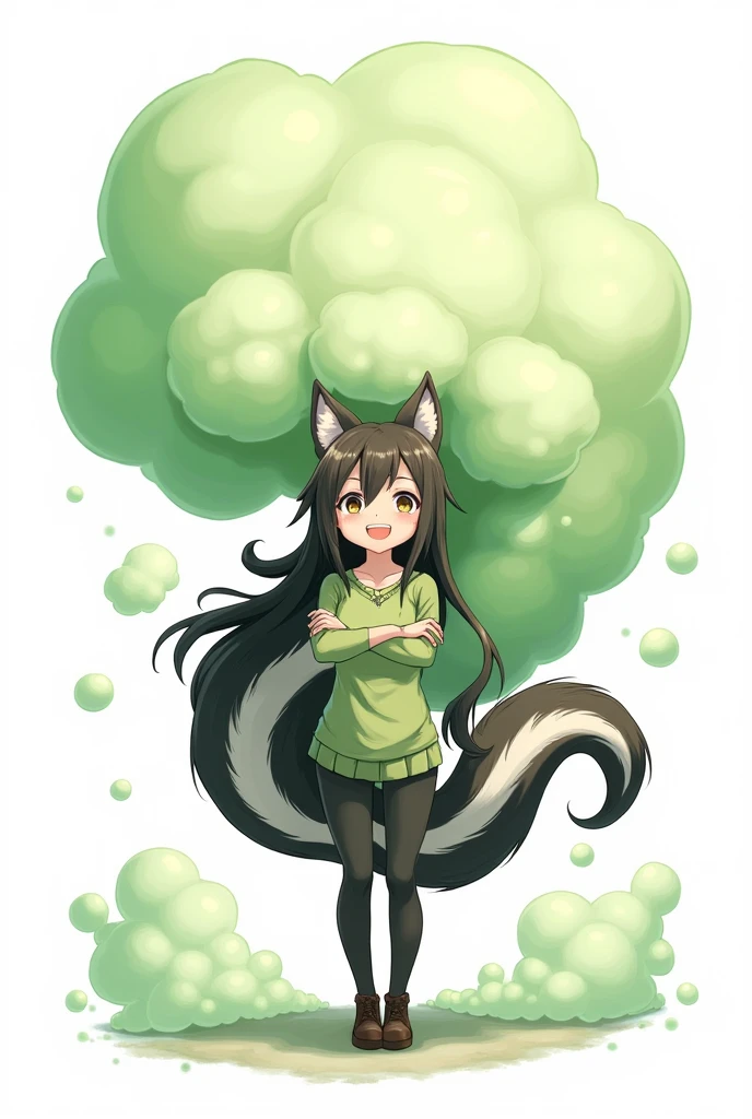  anime woman, with skunk tail and skunk ears, farting, white background, thick green fart clouds surround the woman
