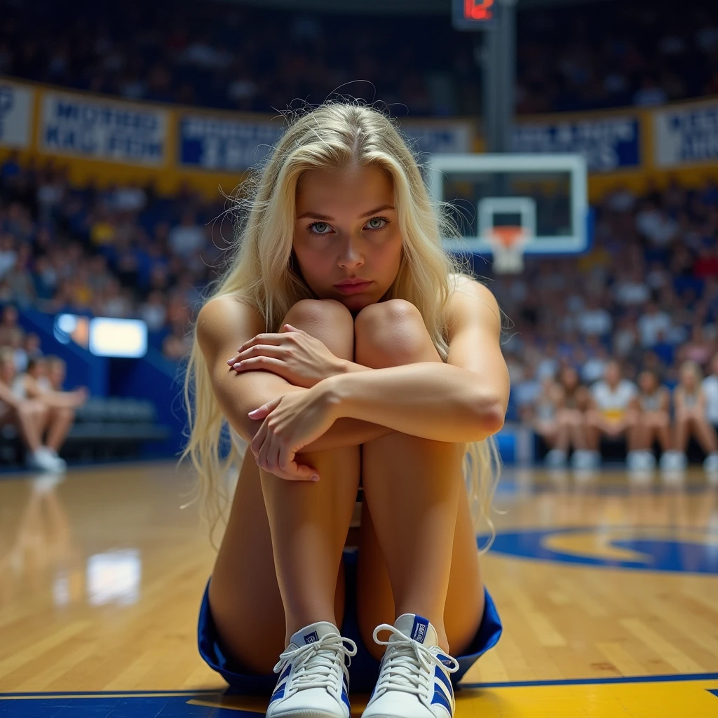 a 17 year old blonde cheerleader, Emily Olson, sitting on the floor at the base of the bleachers, in the gym, full of fans, hugging her knees with feet out, m legs, squishing her breasts together, uncomprehending expression, panties visible with pronounced cameltoe:1.2, detailed facial features, beautiful stunning blue eyes, high quality, hyper realistic, 8k, masterpiece, photorealistic, physically-based rendering, ultra-detailed, vibrant colors, soft lighting, emotional, cinematic, full body shot, 3/4 angle shot