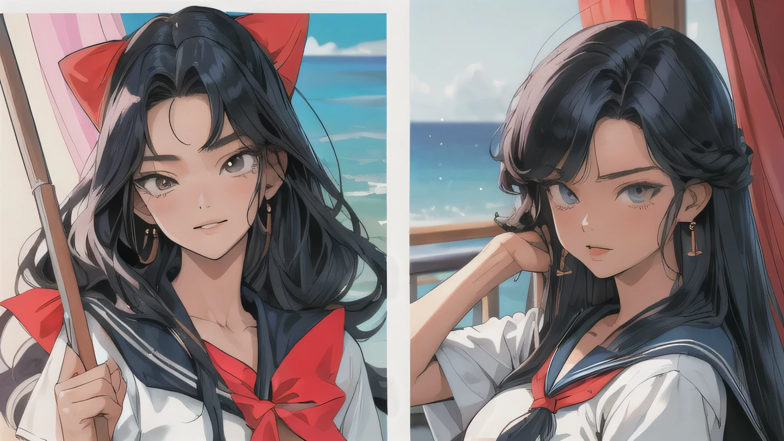 (masterpiece, Highest quality), 80s anime style, long hair girl, Sailor suit, Tsuppari, Delinquent girl, bad