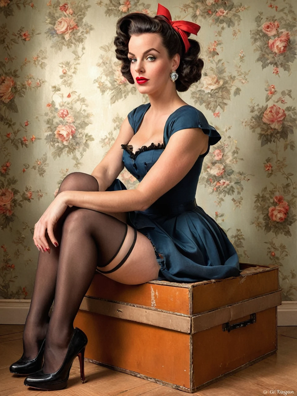 there is a woman sitting on a box in a room, ebony rococo, gil elvgren style, inspired by Tom Lovell, magali villeneuve', pinup, inspired by Hendrick Terbrugghen, artgerm and gil elvgren, retro pinup model, pinup girl, pinup model, pin-up, pin - up