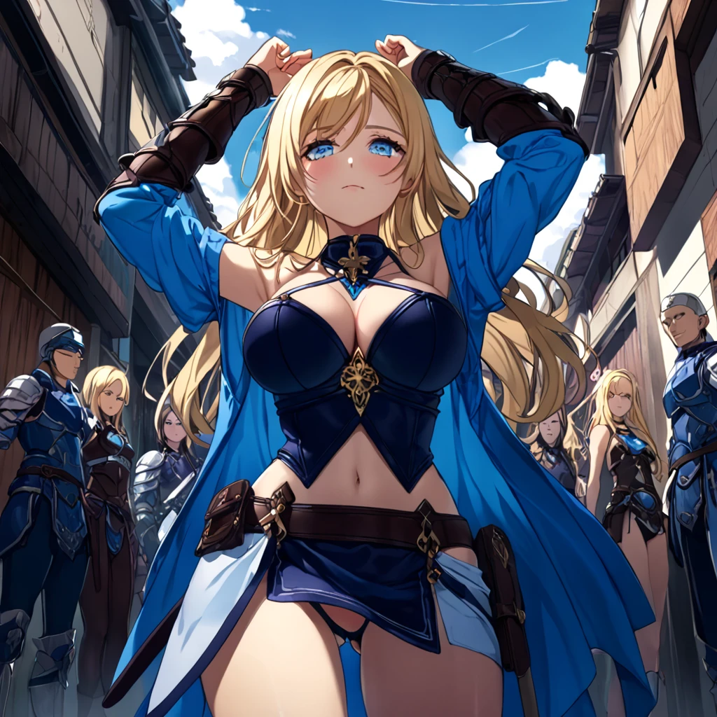 Highest quality、One woman, 25 years old、Female Swordsman、Blonde、Long Hair、Cross bangs、Big Breasts、Blue Eyes、Hanging eyes、Details、thigh、Half-closed eyes,  Umbilical cord、leather armor、Halter neck、Pelvic Curtain、Low rise、garter belt、Knee-high boots、Umbilical cord、Groin、blue attire、Frown、blush、Glare、Sweat、Look away、Alley、Face up on the ground、Raise your hands、Handcuffs、