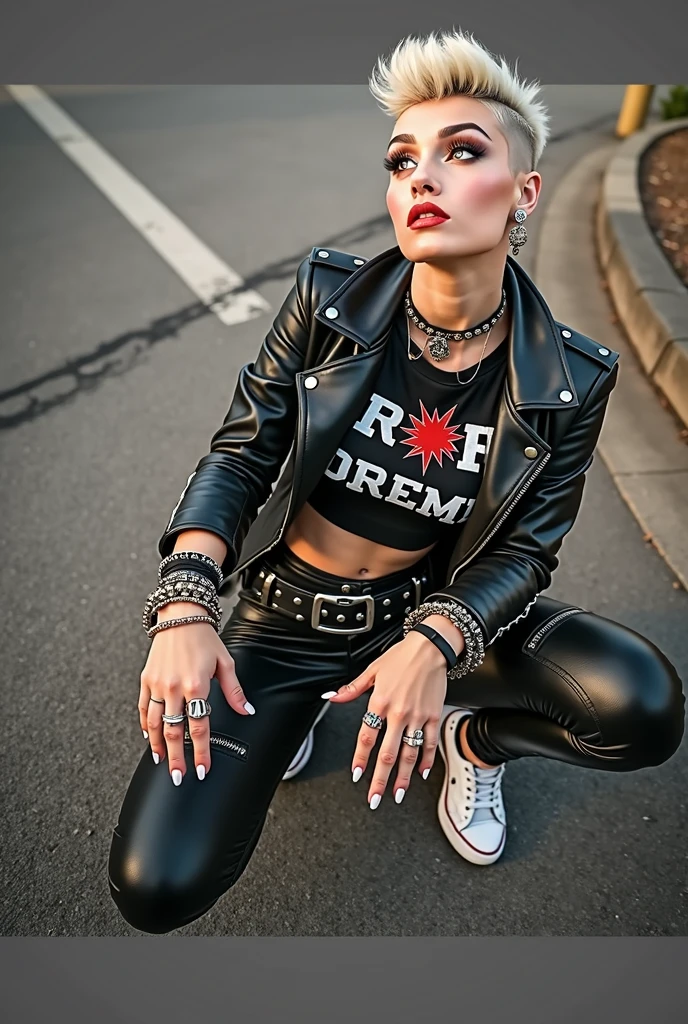  Very attractive russian milf, platinum blonde hair, long neck, long hair in pompadour male style with shaved sides, with very light blue eyes, very pale, lots of makeup, smeared. Wearing black moto jacket, cropped rock band t-shirt with low neckline, black shiny leggings and dirty white tennis sneakers. Big loop earrings. Wide tacky belt with big buckle, dog collar, lots of rings and studded bracelets , Full body, kneeling with thumbs in pockets in the street, looking up in awe. Point of view from above