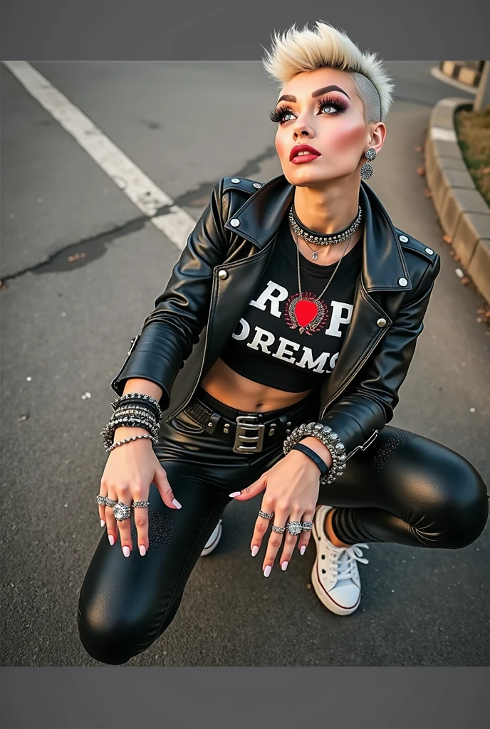 Very attractive russian milf, platinum blonde hair, long neck, long hair in pompadour male style with shaved sides, with very light blue eyes, very pale, lots of makeup, smeared. Wearing black moto jacket, cropped rock band t-shirt with low neckline, black shiny leggings and dirty white tennis sneakers. Big loop earrings. Wide tacky belt with big buckle, dog collar, lots of rings and studded bracelets , Full body, kneeling with thumbs in pockets in the street, looking up in awe. Point of view from above