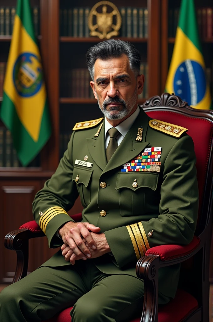 A realistic and detailed portrait of a Brazilian Army Colonel, with black and gray hair on the sides, and scarred scars in his eye. He is wearing a high-ranking olive green uniform of the Brazilian Army officer, adorned with medals and decorations. The background features an office of the Brazilian Army, with books and Brazilian flags, integralists and fascist, He is a realistic coat of arms, which contributes to the atmosphere of authority and respect. The veteran is sitting in a comfortable armchair, exuding wisdom and strength, and looking like a respected and esteemed leader